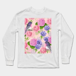 Robin and flowers, watercolor pattern Long Sleeve T-Shirt